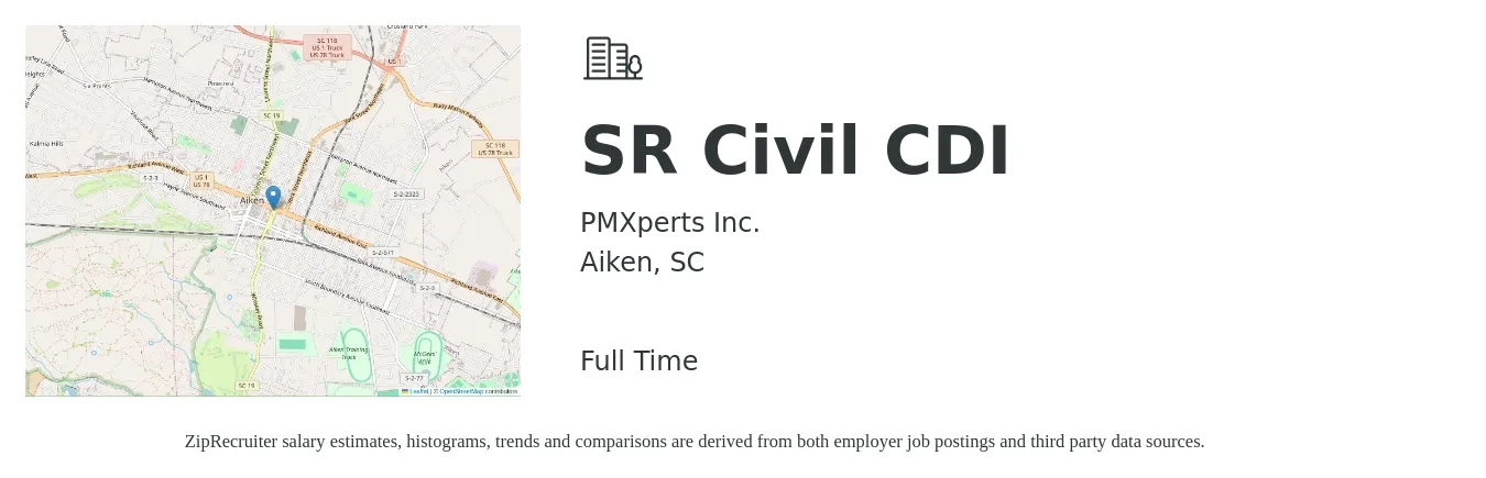 PMXperts Inc. job posting for a SR Civil CDI in Aiken, SC with a salary of $73,200 to $109,000 Yearly with a map of Aiken location.