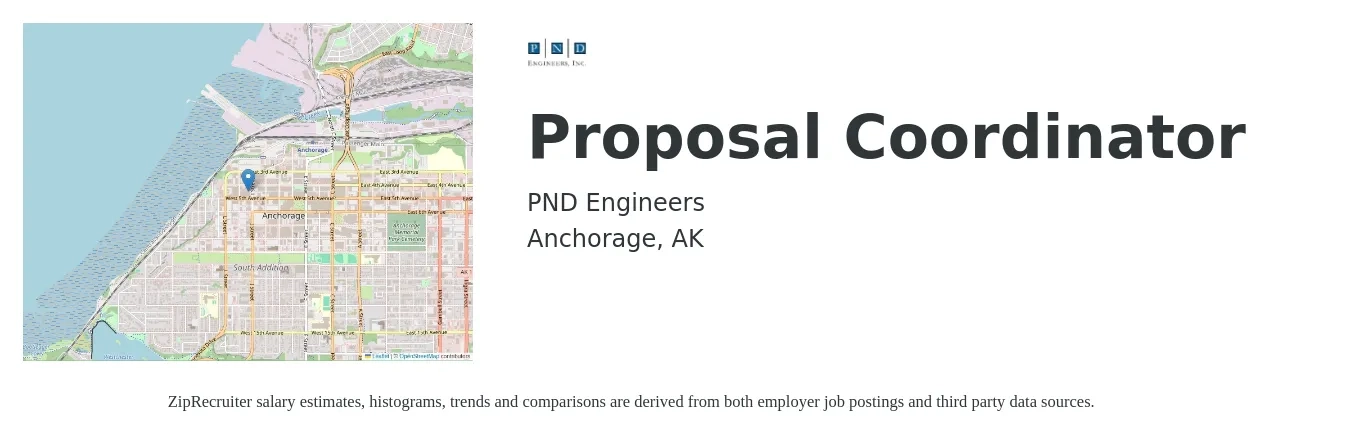 PND Engineers job posting for a Proposal Coordinator in Anchorage, AK with a salary of $56,200 to $74,500 Yearly with a map of Anchorage location.