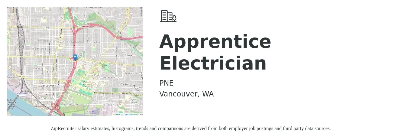 PNE job posting for a Apprentice Electrician in Vancouver, WA with a salary of $18 Hourly with a map of Vancouver location.