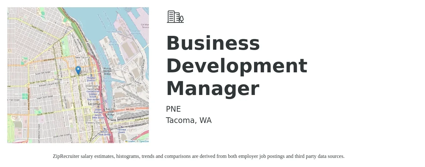 PNE job posting for a Business Development Manager in Tacoma, WA with a salary of $75,000 to $90,000 Yearly with a map of Tacoma location.