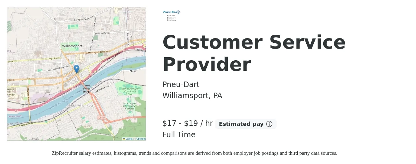 Pneu-Dart job posting for a Customer Service Provider in Williamsport, PA with a salary of $18 to $20 Hourly with a map of Williamsport location.