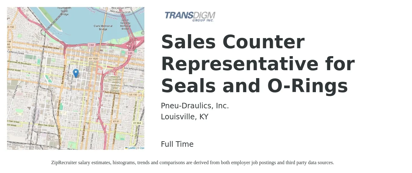 Pneu-Draulics, Inc. job posting for a Sales Counter Representative for Seals and O-Rings in Louisville, KY with a salary of $16 to $20 Hourly with a map of Louisville location.