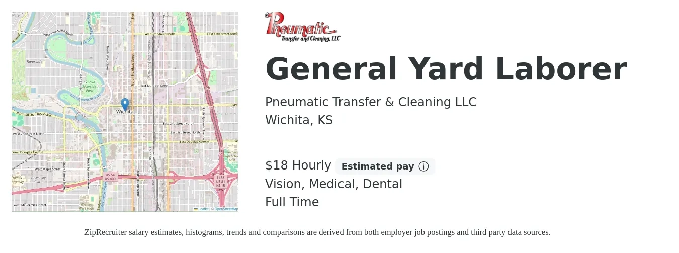 Pneumatic Transfer & Cleaning LLC job posting for a General Yard Laborer in Wichita, KS with a salary of $19 Hourly and benefits including retirement, vision, dental, life_insurance, and medical with a map of Wichita location.