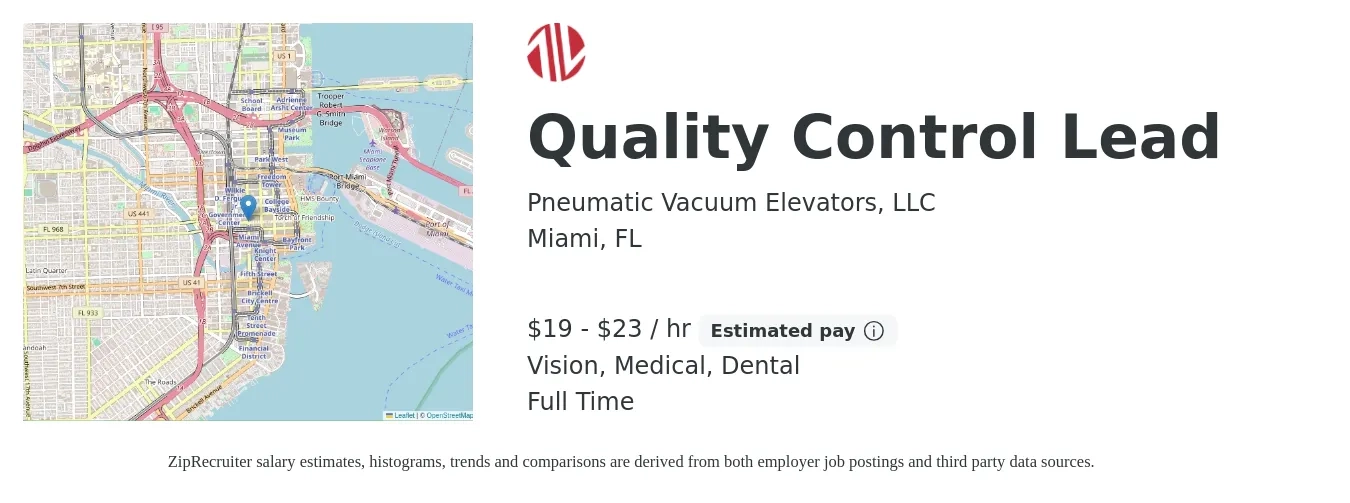 Pneumatic Vacuum Elevators, LLC job posting for a Quality Control Lead in Miami, FL with a salary of $20 to $24 Hourly (plus commission) and benefits including medical, retirement, vision, and dental with a map of Miami location.