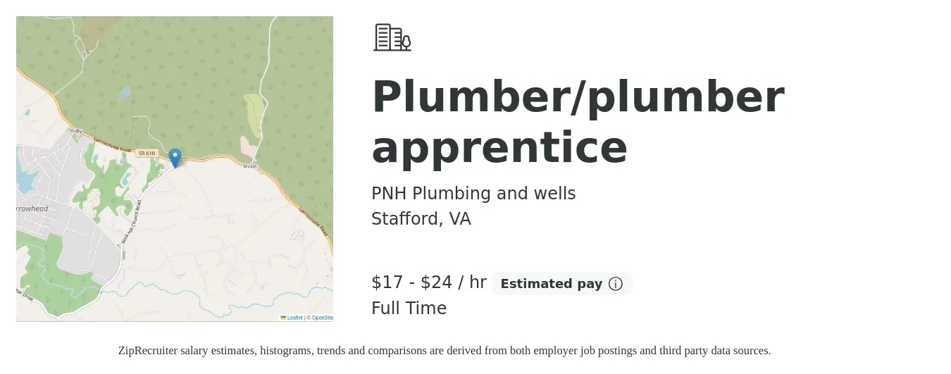PNH Plumbing and wells job posting for a Plumber/plumber apprentice in Stafford, VA with a salary of $18 to $25 Hourly with a map of Stafford location.