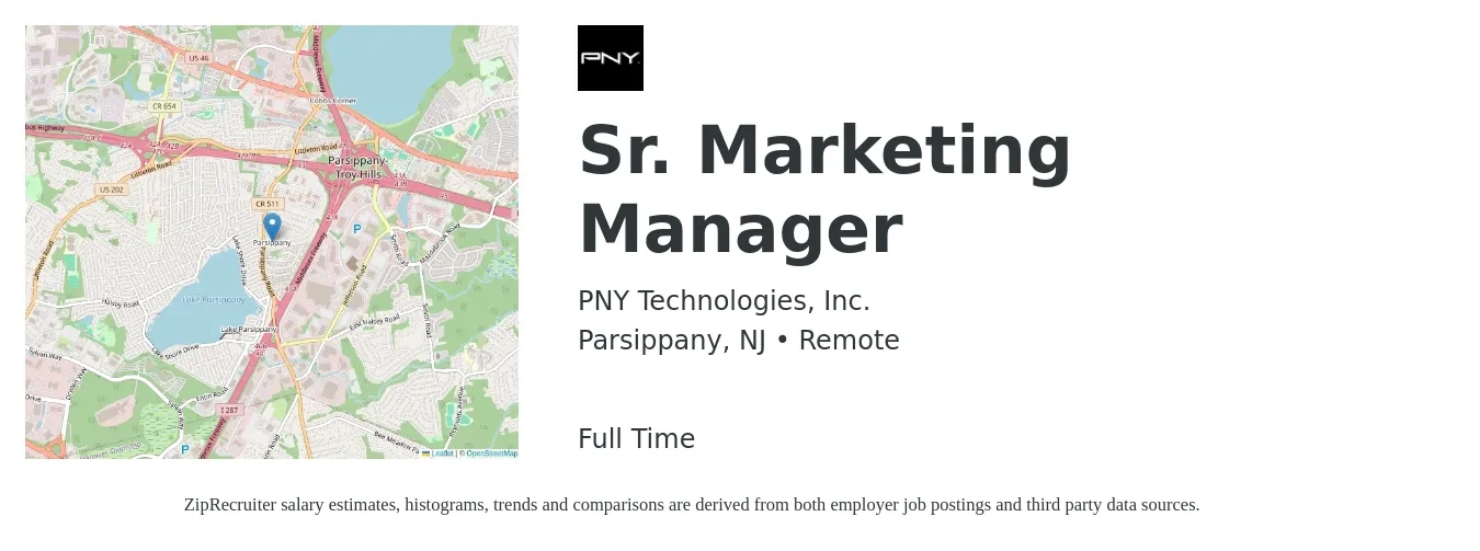 PNY Technologies, Inc. job posting for a Sr. Marketing Manager in Parsippany, NJ with a salary of $90,500 to $131,700 Yearly with a map of Parsippany location.