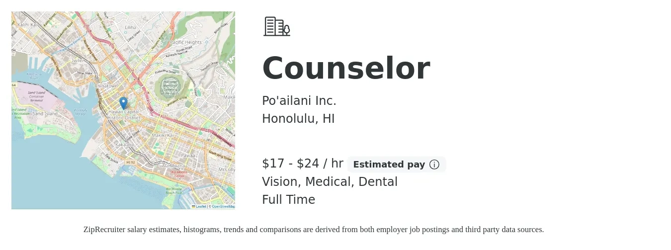 Po'ailani Inc. job posting for a Counselor in Honolulu, HI with a salary of $18 to $25 Hourly and benefits including medical, pto, vision, and dental with a map of Honolulu location.