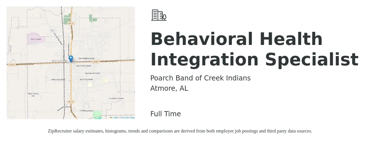 Poarch Band of Creek Indians job posting for a Behavioral Health Integration Specialist in Atmore, AL with a salary of $14 to $23 Hourly with a map of Atmore location.