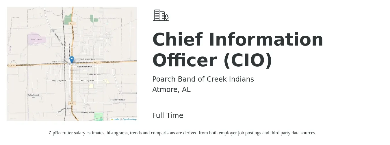 Poarch Band of Creek Indians job posting for a Chief Information Officer (CIO) in Atmore, AL with a salary of $83,600 to $126,000 Yearly with a map of Atmore location.
