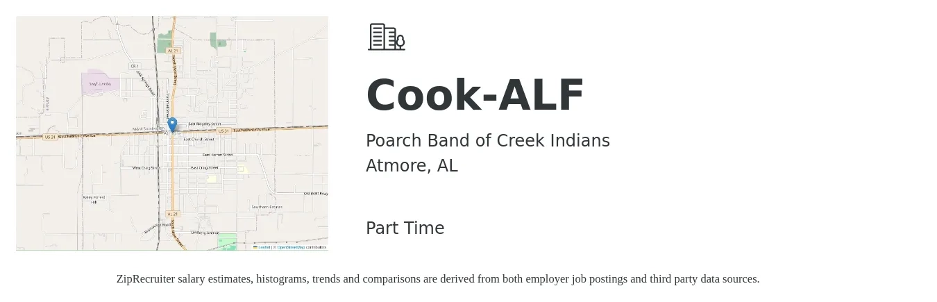 Poarch Band of Creek Indians job posting for a Cook-ALF in Atmore, AL with a salary of $9 to $12 Hourly with a map of Atmore location.
