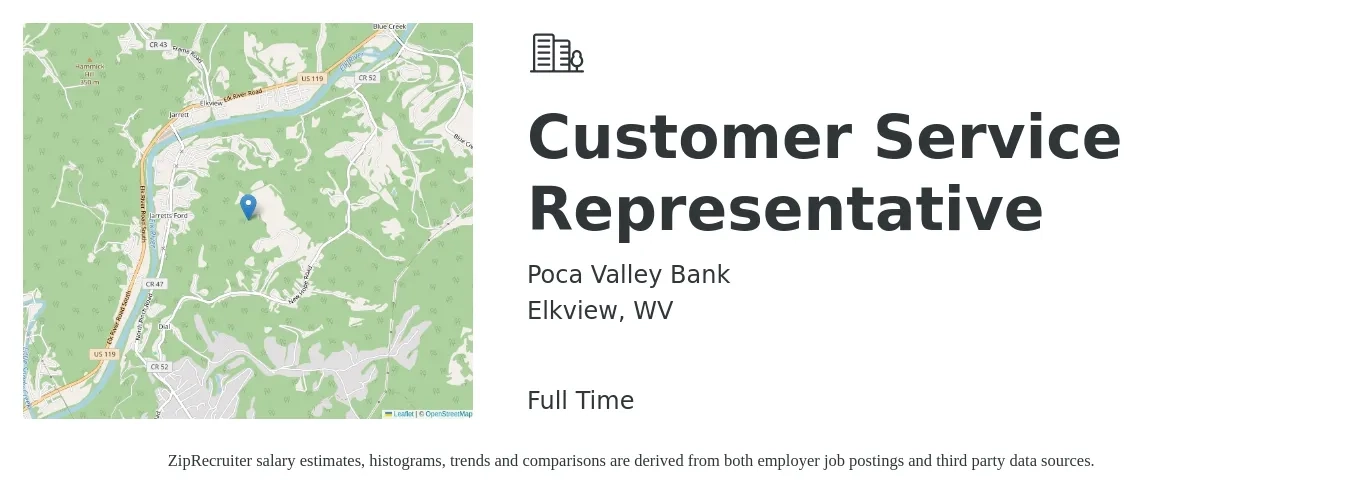 Poca Valley Bank job posting for a Customer Service Representative in Elkview, WV with a salary of $16 to $21 Hourly with a map of Elkview location.