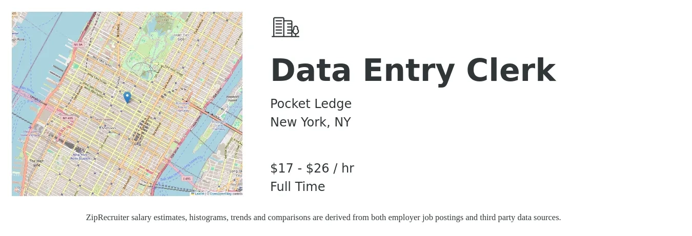 Pocket Ledge job posting for a Data Entry Clerk in New York, NY with a salary of $18 to $28 Hourly with a map of New York location.