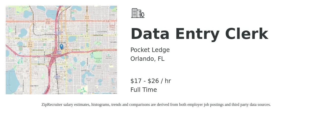 Pocket Ledge job posting for a Data Entry Clerk in Orlando, FL with a salary of $18 to $28 Hourly with a map of Orlando location.