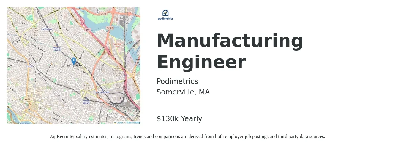 Podimetrics job posting for a Manufacturing Engineer in Somerville, MA with a salary of $130,000 Yearly with a map of Somerville location.
