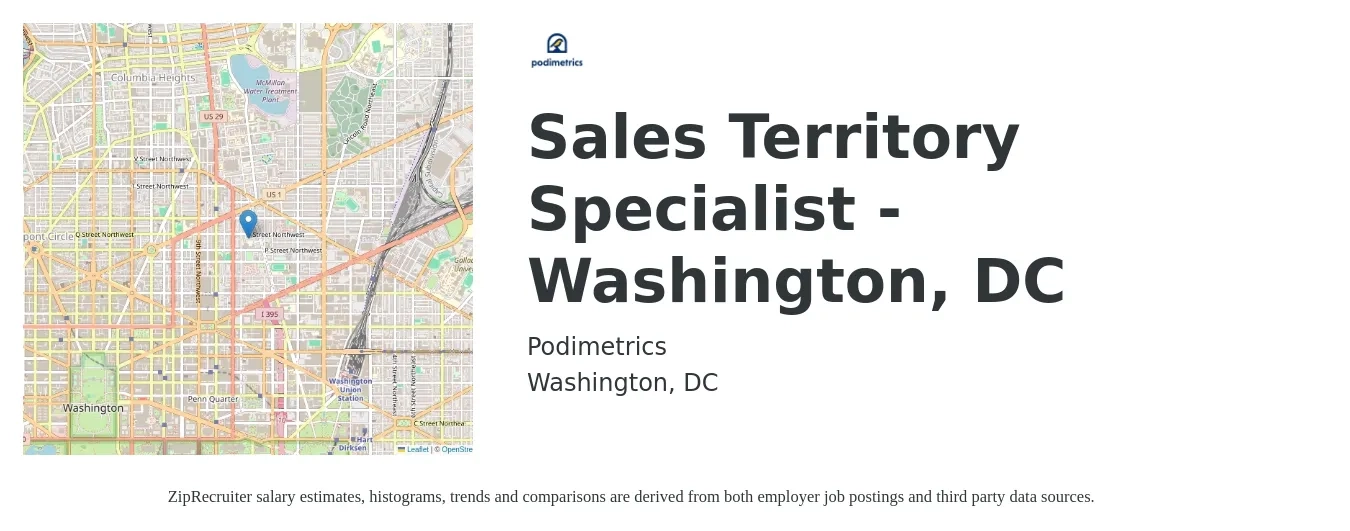 Podimetrics job posting for a Sales Territory Specialist - Washington, DC in Washington, DC with a salary of $52,100 to $86,600 Yearly with a map of Washington location.