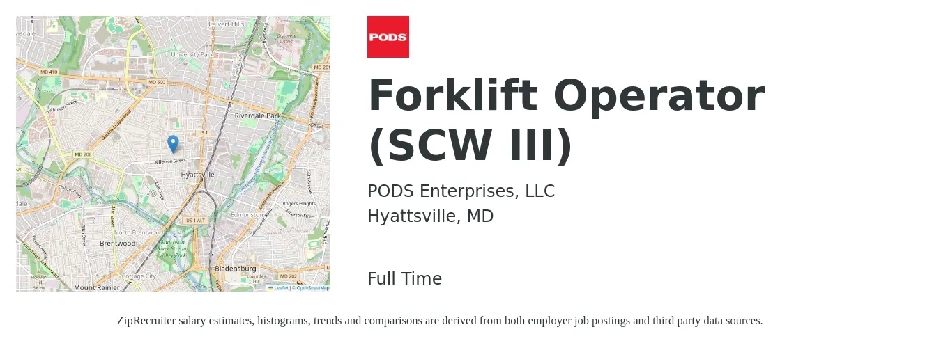 PODS Enterprises, LLC job posting for a Forklift Operator (SCW III) in Hyattsville, MD with a salary of $17 to $20 Hourly with a map of Hyattsville location.