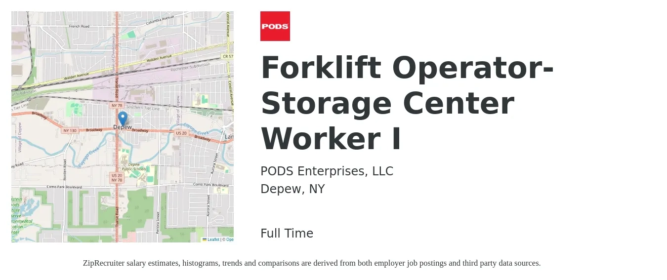 PODS Enterprises, LLC job posting for a Forklift Operator-Storage Center Worker I in Depew, NY with a salary of $16 to $19 Hourly with a map of Depew location.