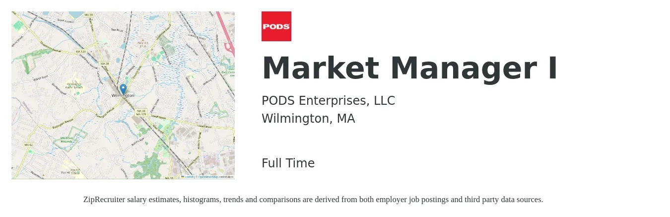 PODS Enterprises, LLC job posting for a Market Manager I in Wilmington, MA with a salary of $42,100 to $78,200 Yearly with a map of Wilmington location.