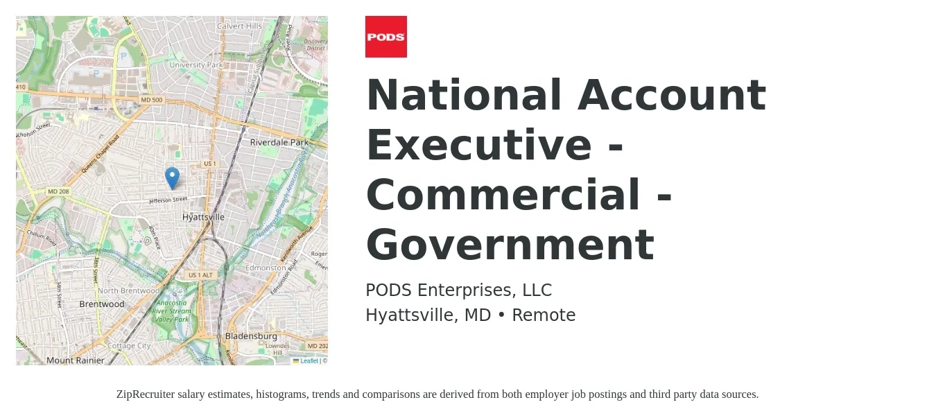 PODS Enterprises LLC job posting for a National Account Executive - Commercial - Government in Hyattsville, MD with a salary of $70,200 to $132,800 Yearly with a map of Hyattsville location.