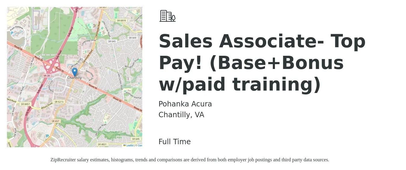 Pohanka Acura job posting for a Sales Associate- Top Pay! (Base+Bonus w/paid training) in Chantilly, VA with a salary of $14 to $20 Hourly with a map of Chantilly location.