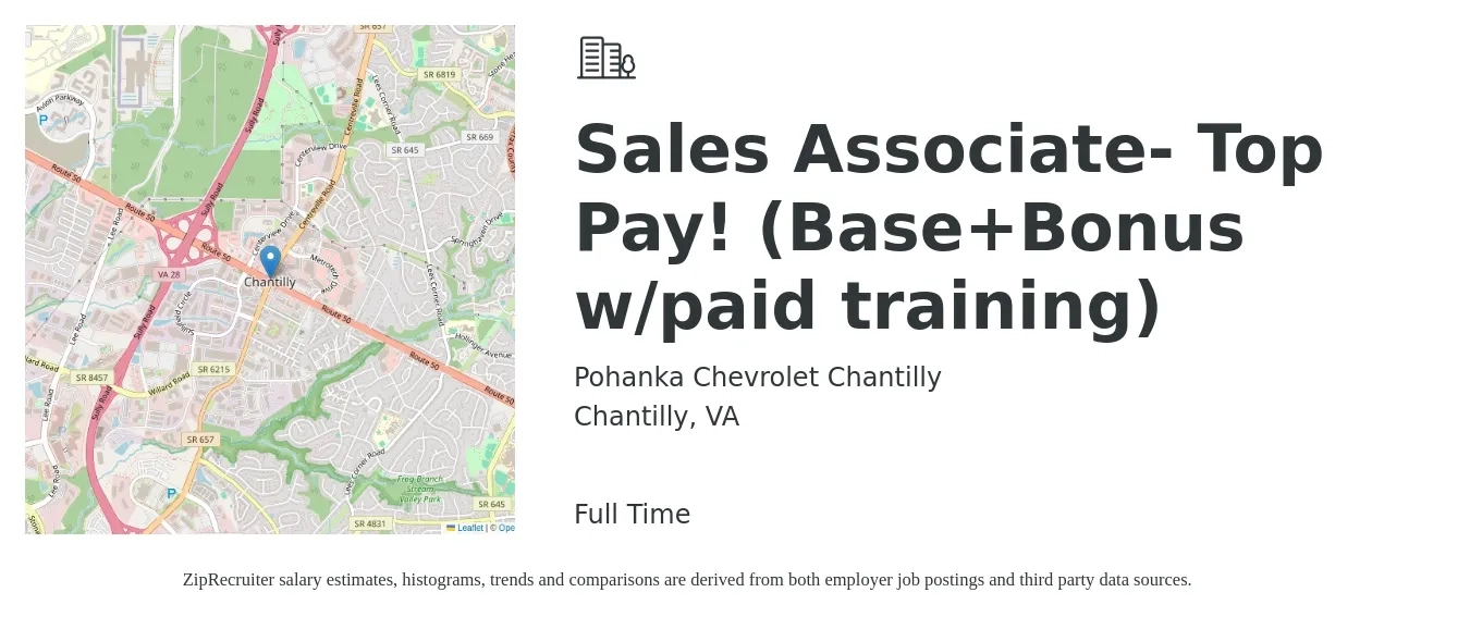 Pohanka Chevrolet Chantilly job posting for a Sales Associate- Top Pay! (Base+Bonus w/paid training) in Chantilly, VA with a salary of $14 to $20 Hourly with a map of Chantilly location.