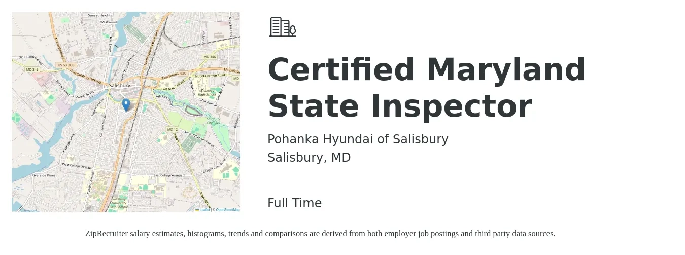 Pohanka Hyundai of Salisbury job posting for a Certified Maryland State Inspector in Salisbury, MD with a salary of $38,000 to $62,700 Yearly with a map of Salisbury location.