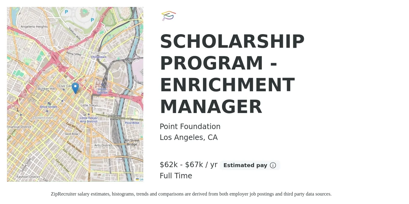 Point Foundation job posting for a SCHOLARSHIP PROGRAM - ENRICHMENT MANAGER in Los Angeles, CA with a salary of $62,000 to $67,000 Yearly with a map of Los Angeles location.