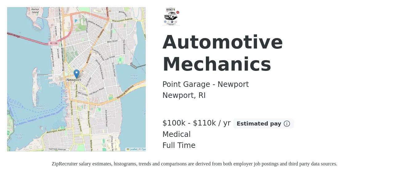 Point Garage - Newport job posting for a Automotive Mechanics in Newport, RI with a salary of $100,000 to $110,000 Yearly and benefits including medical, and pto with a map of Newport location.