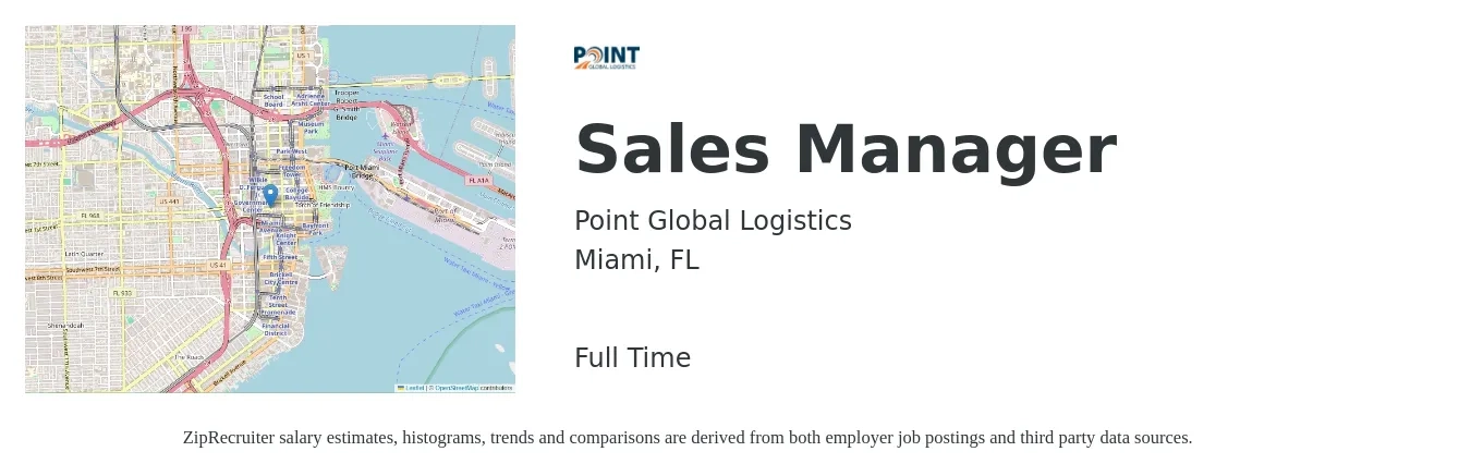 Point Global Logistics job posting for a Sales Manager in Miami, FL with a salary of $43,000 to $92,300 Yearly with a map of Miami location.