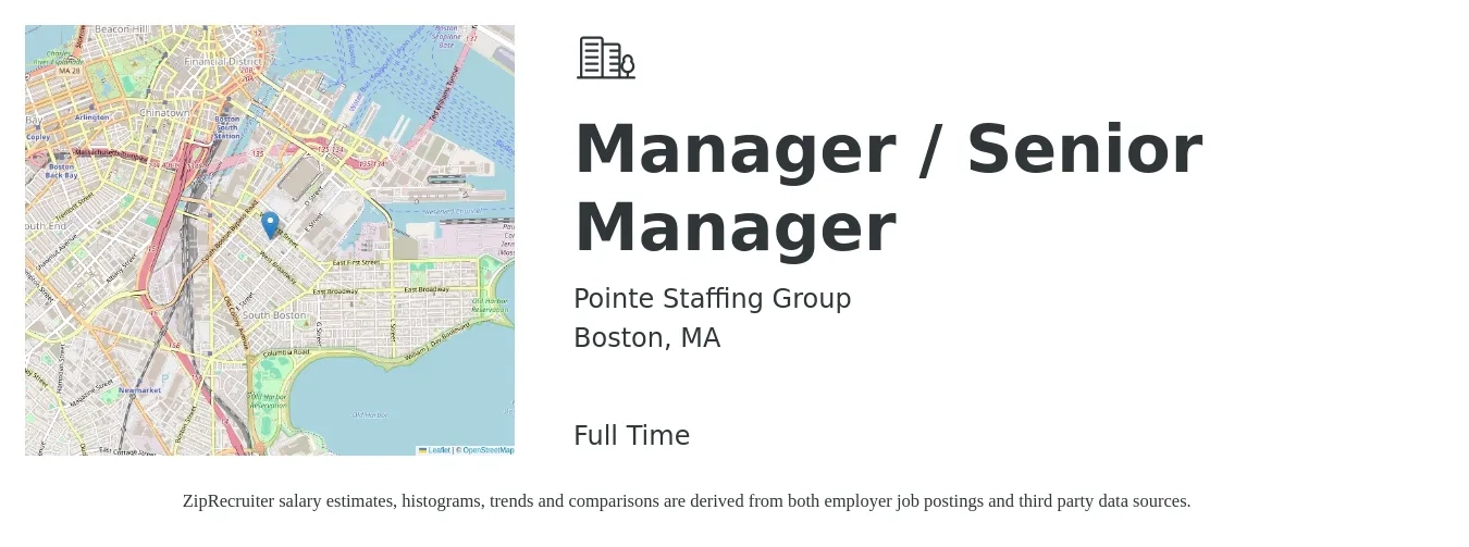 Pointe Staffing Group job posting for a Manager / Senior Manager in Boston, MA with a map of Boston location.