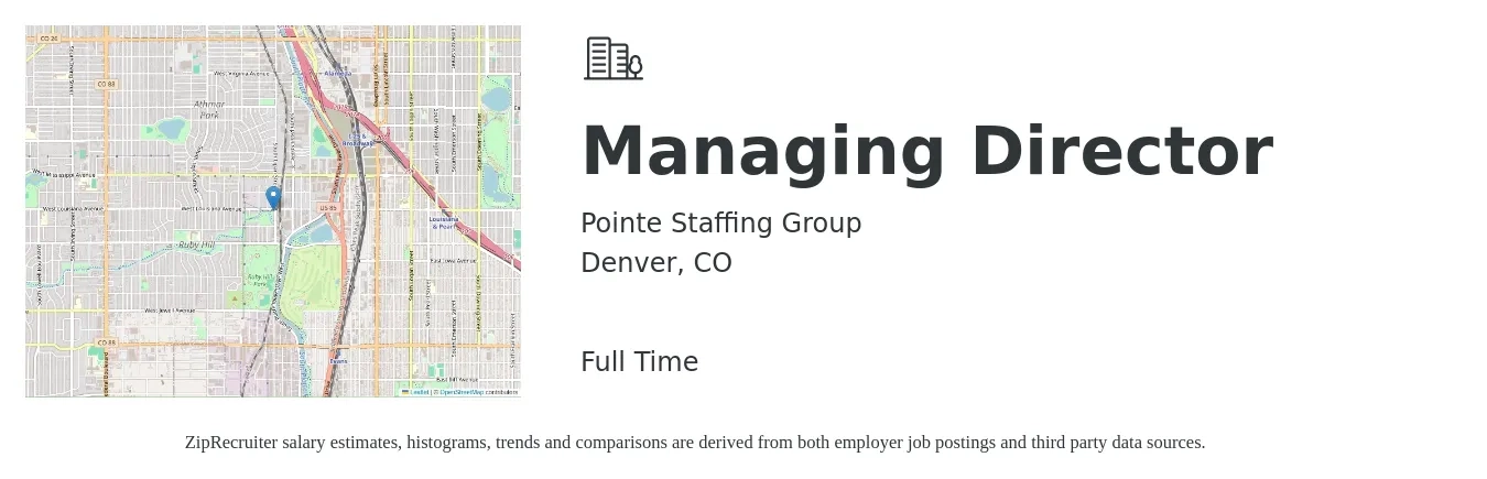 Pointe Staffing Group job posting for a Managing Director in Denver, CO with a salary of $97,800 to $151,800 Yearly with a map of Denver location.