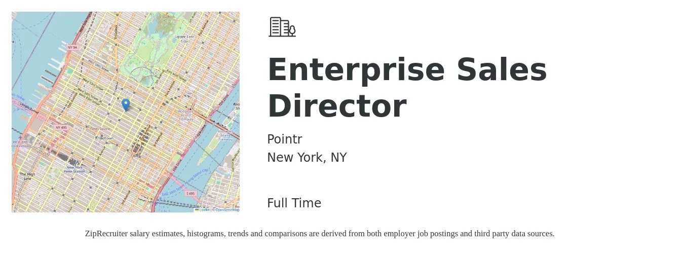 Pointr job posting for a Enterprise Sales Director in New York, NY with a salary of $110,000 to $140,000 Yearly with a map of New York location.