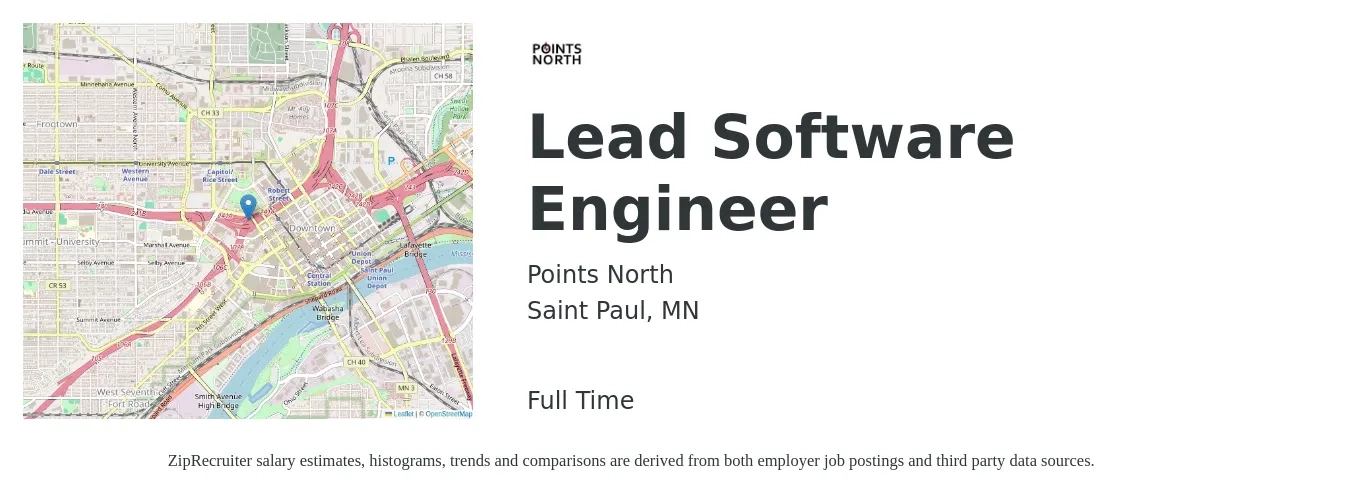 Points North job posting for a Lead Software Engineer in Saint Paul, MN with a salary of $128,100 to $178,400 Yearly with a map of Saint Paul location.