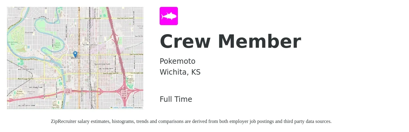 Pokemoto job posting for a Crew Member in Wichita, KS with a salary of $11 to $14 Hourly with a map of Wichita location.