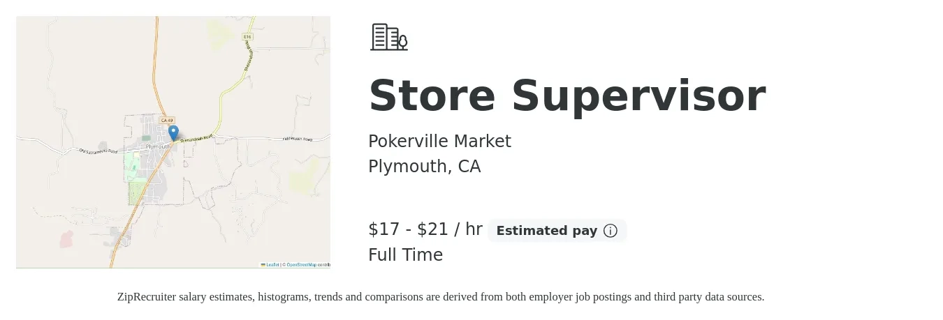 Pokerville Market job posting for a Store Supervisor in Plymouth, CA with a salary of $18 to $22 Hourly with a map of Plymouth location.