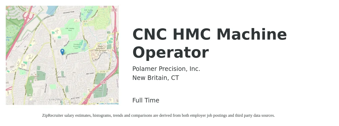 Polamer Precision, Inc. job posting for a CNC HMC Machine Operator in New Britain, CT with a salary of $21 to $29 Hourly with a map of New Britain location.