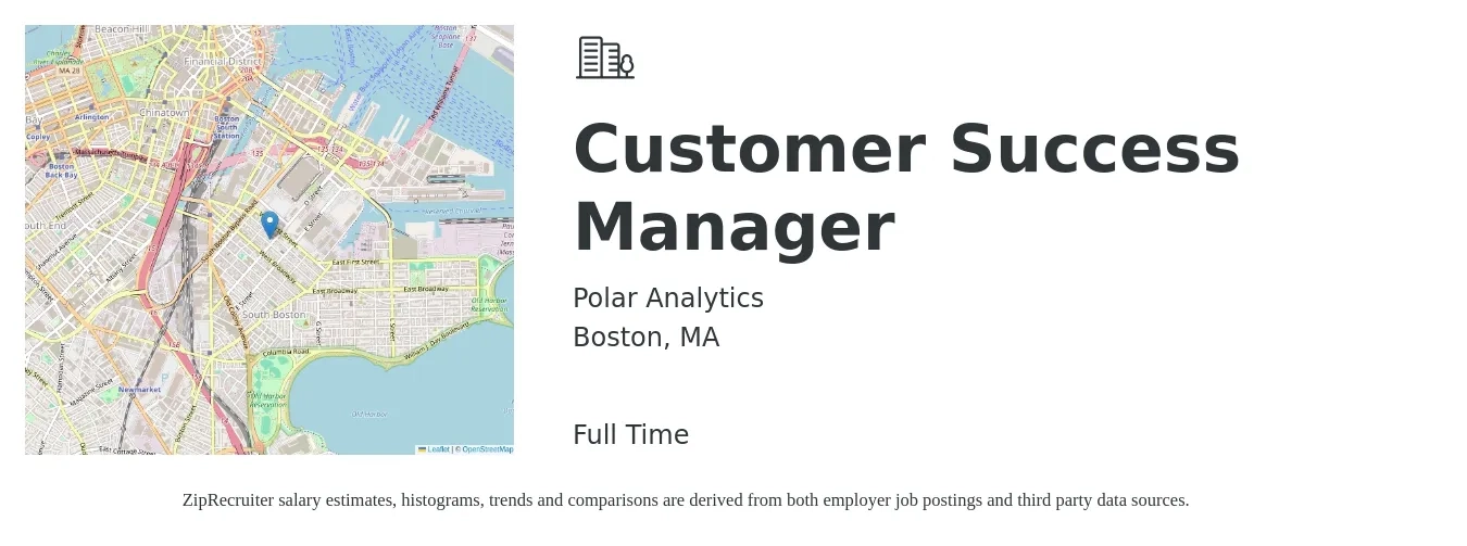 Polar Analytics job posting for a Customer Success Manager in Boston, MA with a salary of $64,600 to $107,600 Yearly with a map of Boston location.