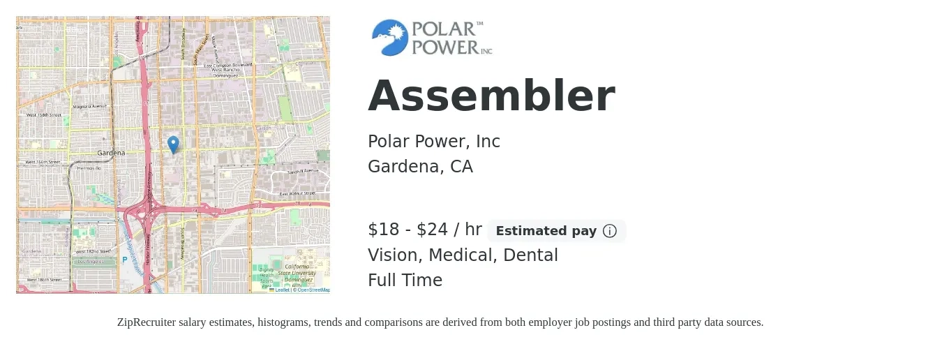 Polar Power, Inc job posting for a Assembler in Gardena, CA with a salary of $19 to $25 Hourly and benefits including dental, life_insurance, medical, retirement, and vision with a map of Gardena location.