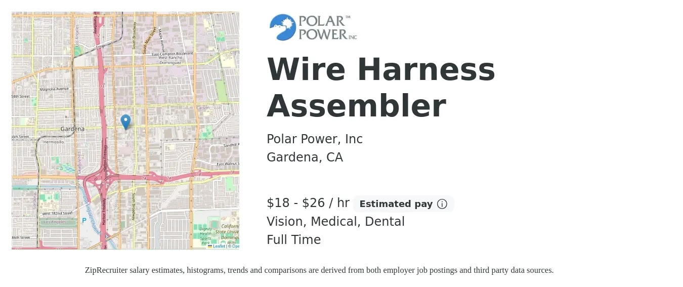 Polar Power, Inc job posting for a Wire Harness Assembler in Gardena, CA with a salary of $19 to $28 Hourly and benefits including vision, dental, and medical with a map of Gardena location.