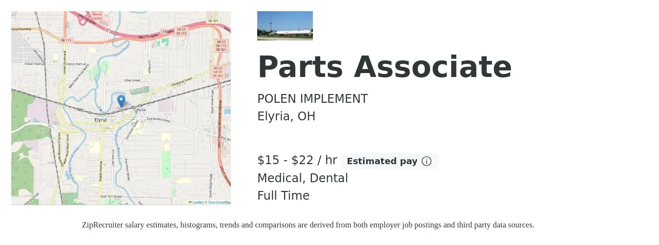 POLEN IMPLEMENT job posting for a Parts Associate in Elyria, OH with a salary of $16 to $23 Hourly and benefits including dental, life_insurance, medical, and pto with a map of Elyria location.
