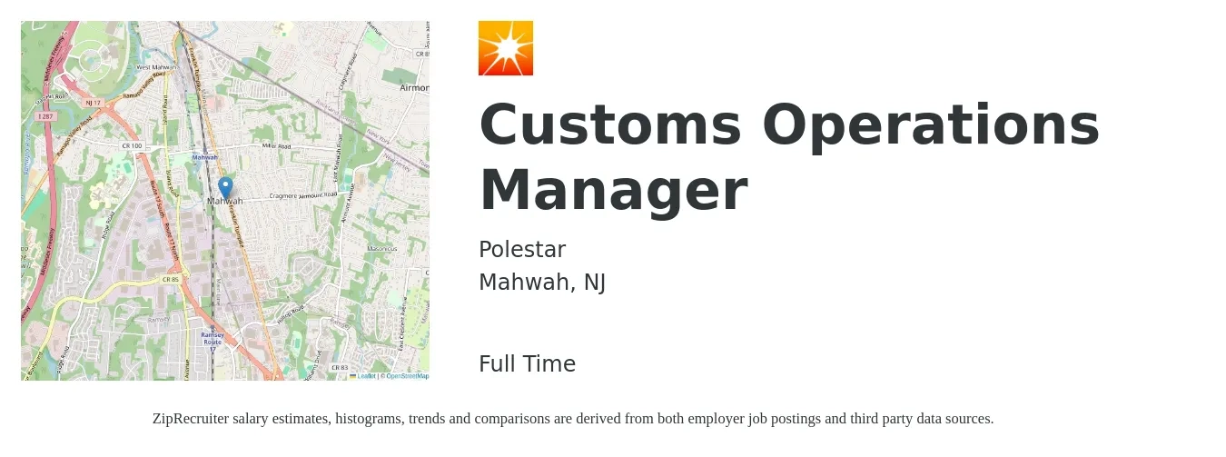 Polestar job posting for a Customs Operations Manager in Mahwah, NJ with a salary of $40,700 to $76,800 Yearly with a map of Mahwah location.
