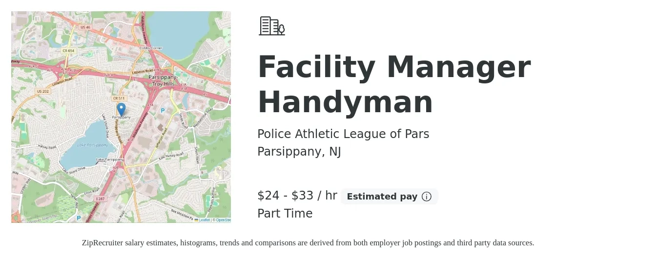 Police Athletic League of Pars job posting for a Facility Manager Handyman in Parsippany, NJ with a salary of $25 to $35 Hourly with a map of Parsippany location.