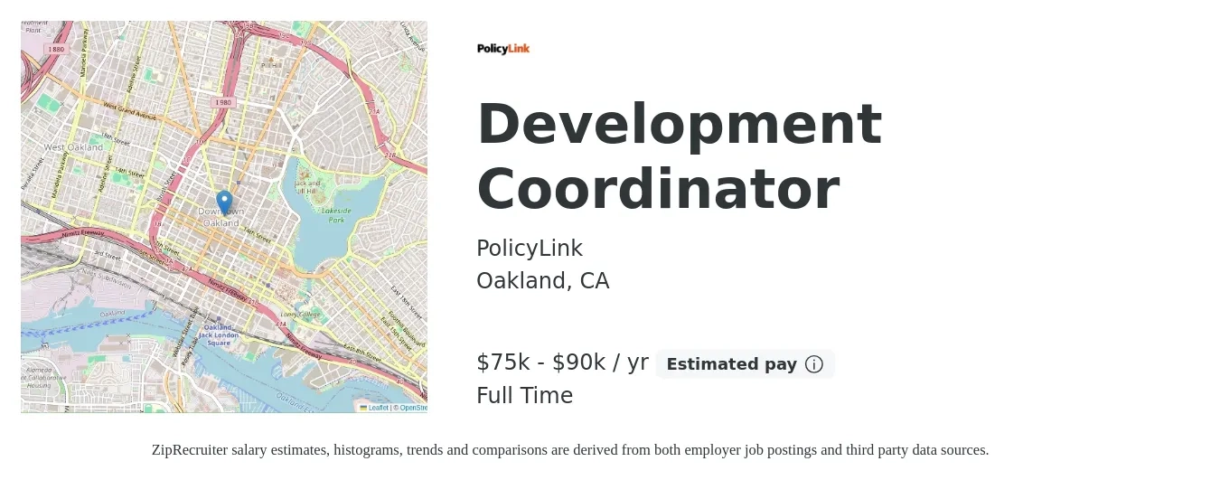 PolicyLink job posting for a Development Coordinator in Oakland, CA with a salary of $75,000 to $90,000 Yearly with a map of Oakland location.