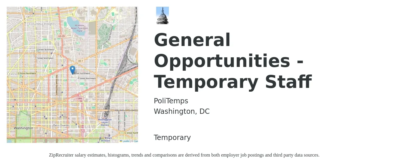 PoliTemps job posting for a General Opportunities - Temporary Staff in Washington, DC with a salary of $64,300 to $93,700 Yearly with a map of Washington location.