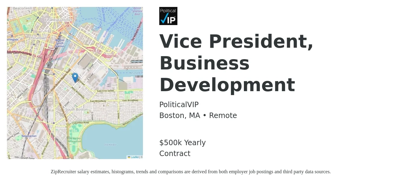 PoliticalVIP job posting for a Vice President, Business Development in Boston, MA with a salary of $500,000 Yearly with a map of Boston location.