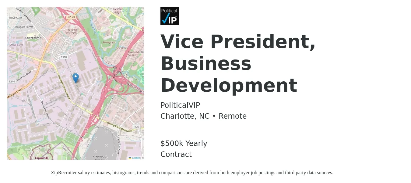 PoliticalVIP job posting for a Vice President, Business Development in Charlotte, NC with a salary of $500,000 Yearly with a map of Charlotte location.