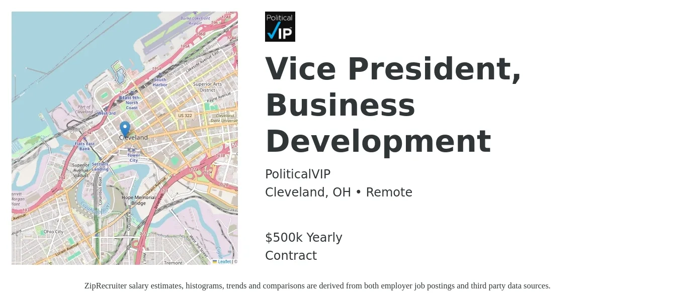 PoliticalVIP job posting for a Vice President, Business Development in Cleveland, OH with a salary of $500,000 Yearly with a map of Cleveland location.