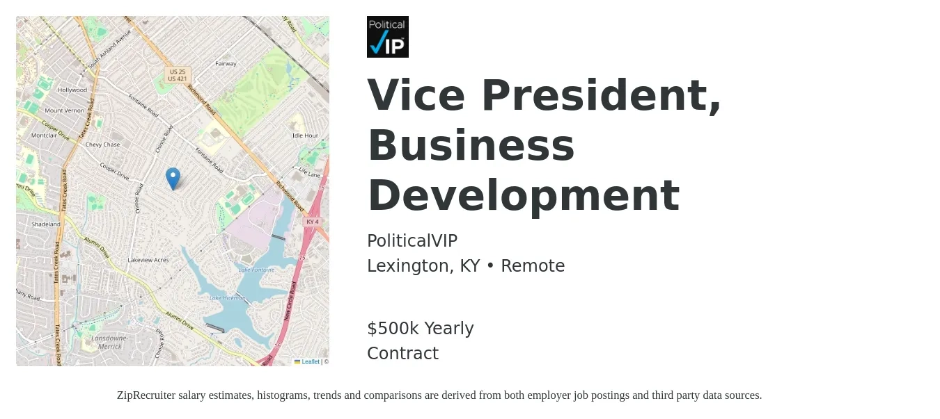 PoliticalVIP job posting for a Vice President, Business Development in Lexington, KY with a salary of $500,000 Yearly with a map of Lexington location.