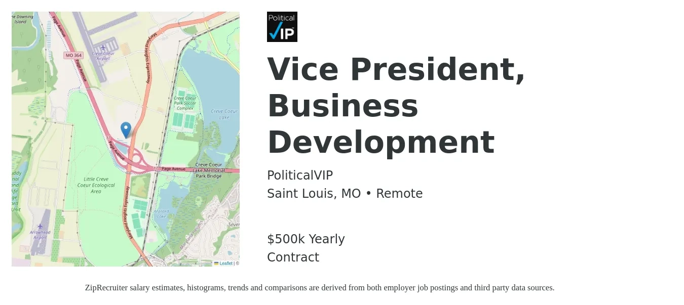 PoliticalVIP job posting for a Vice President, Business Development in Saint Louis, MO with a salary of $500,000 Yearly with a map of Saint Louis location.