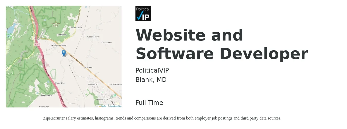 PoliticalVIP job posting for a Website and Software Developer in Blank, MD with a salary of $36 to $56 Hourly with a map of Blank location.